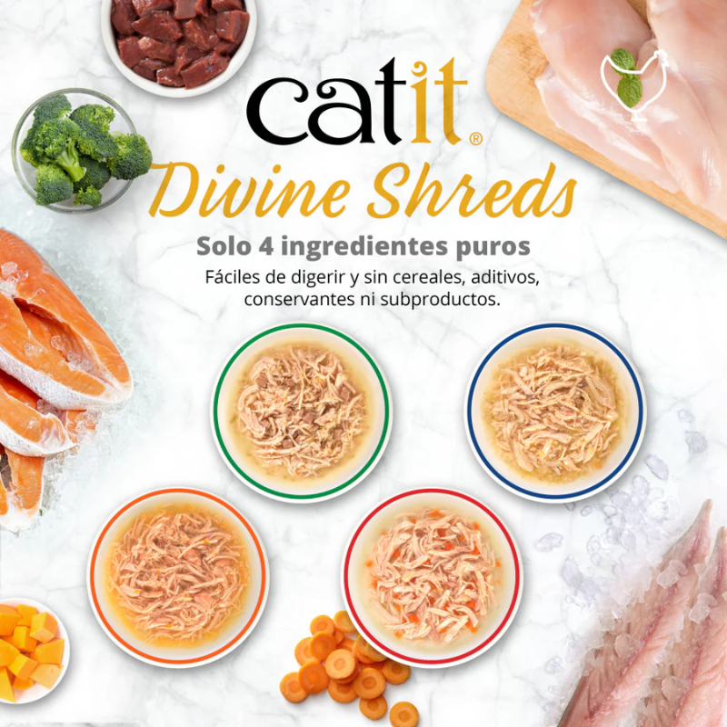 CATIT DIVINE SHREDS SOPAS DE POLLO PARA GATOS CABALLA Y BROCOLI 18 X 75 G