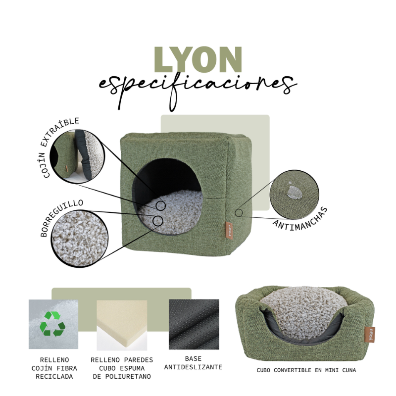 CAMA CUBO CONVERTIBLE PERROS Y GATOS LYON MENTA YAGU 33 x 33 x 33 CM